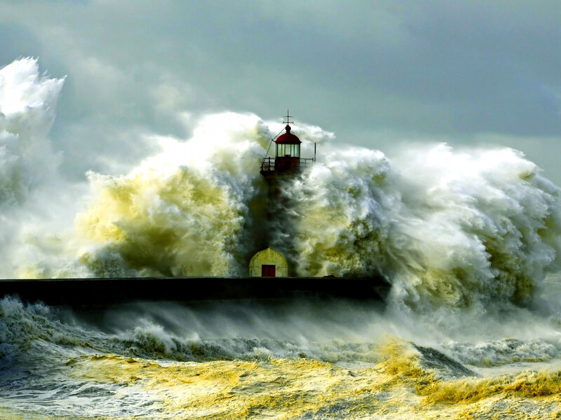 Lighthouse in Storm — White, Dramatic, Photograph, Waves, Sea