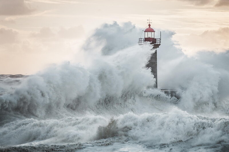 Lighthouse in Storm — White, Dramatic, Sunset