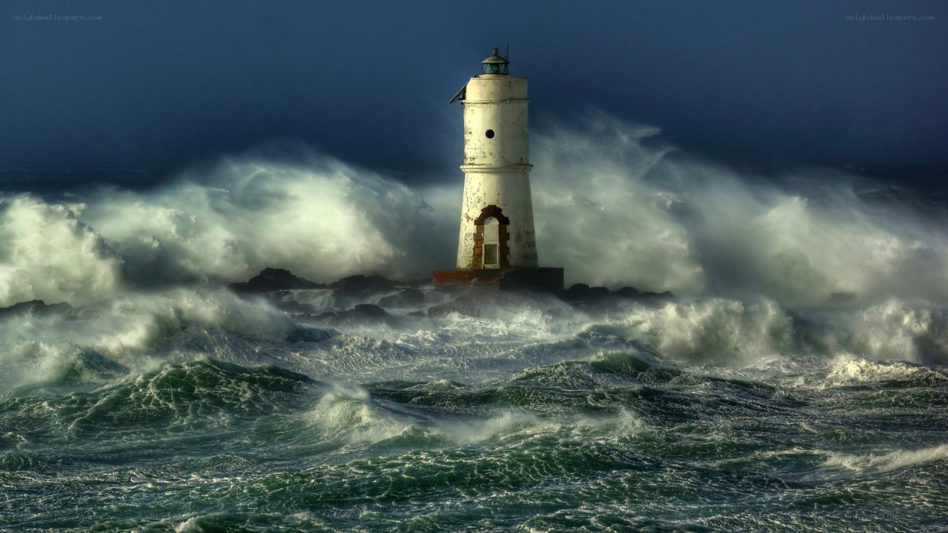Lighthouse in stormy sea