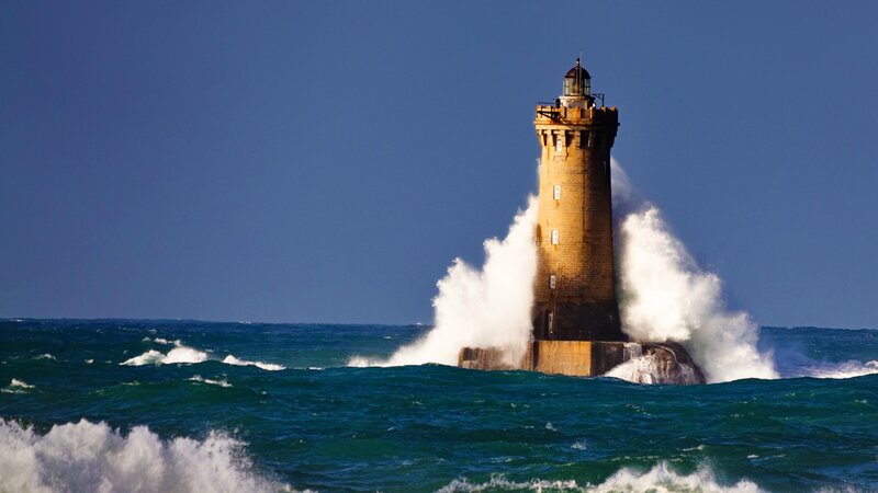 Lighthouse in Stormy Sea — Blue, Dramatic, Afternoon