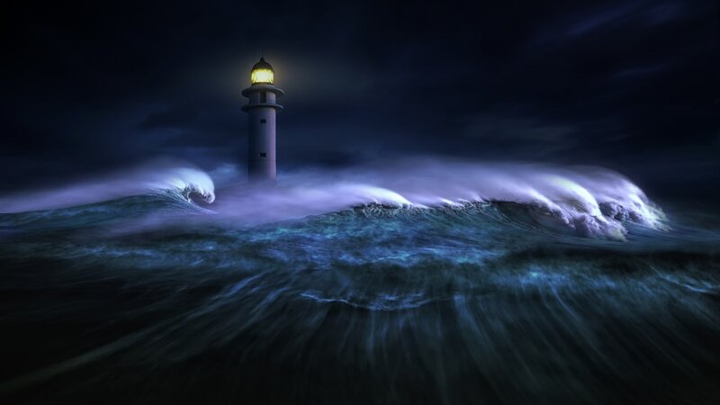 Lighthouse in Stormy Sea — Blue, Dramatic, Night, Digital Art