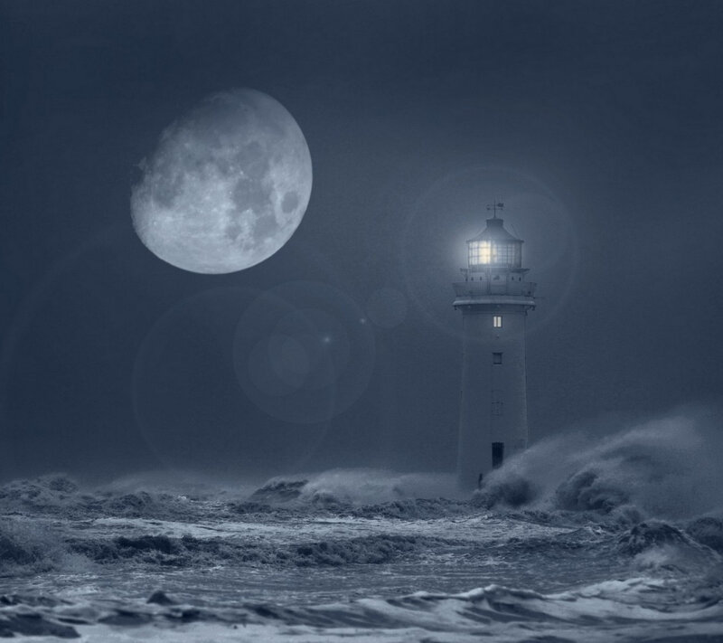 Lighthouse in Stormy Sea — Blue, Dramatic, Night, Photograph