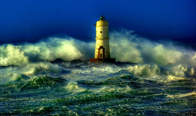 Lighthouse in Stormy Sea — Blue, Dramatic, Night