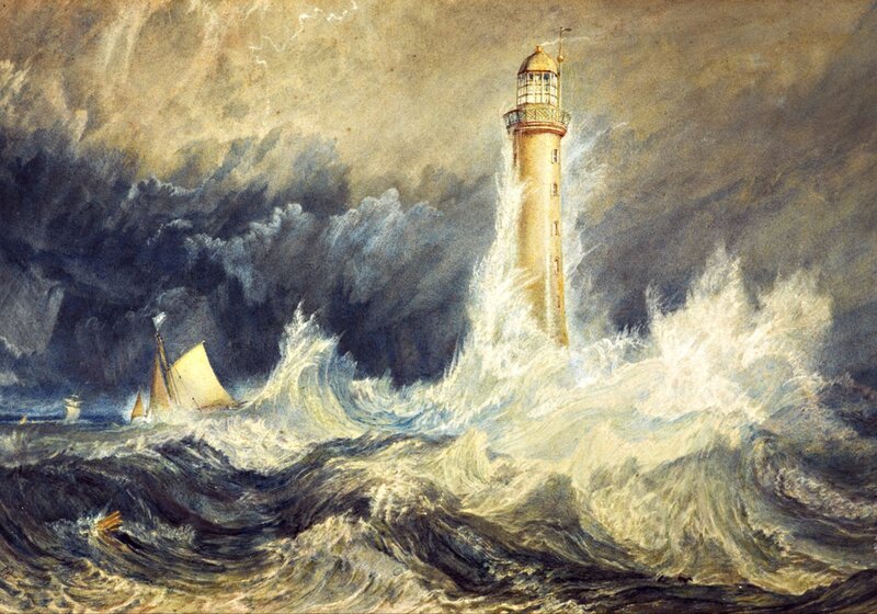 Lighthouse in Stormy Sea — Blue, Dramatic, Painting