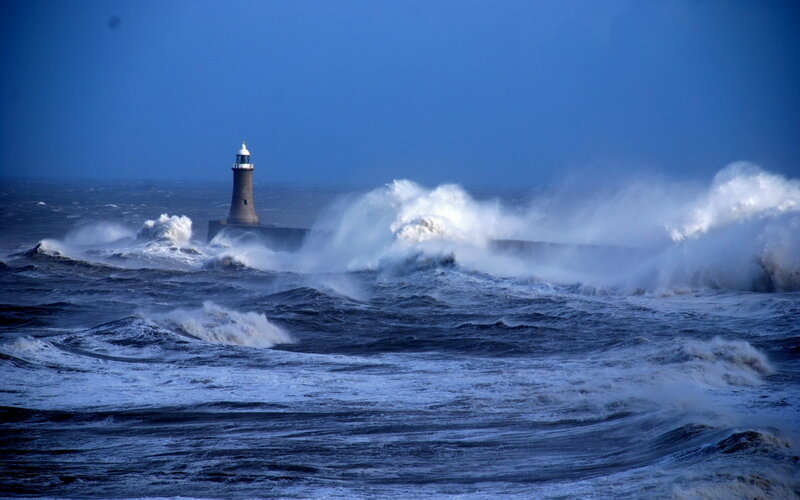 Lighthouse in Stormy Sea — Blue, Dramatic, Photograph