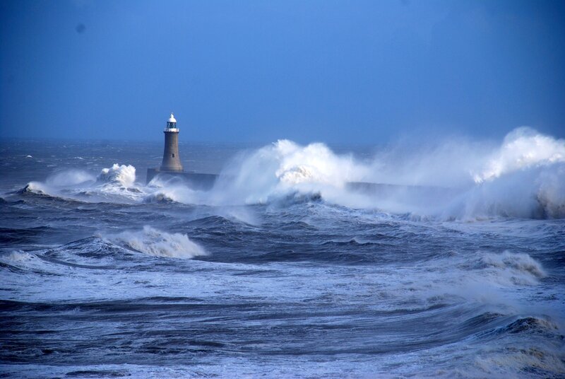 Lighthouse in Stormy Sea — Blue, Dramatic, Photograph, Waves, Ocean