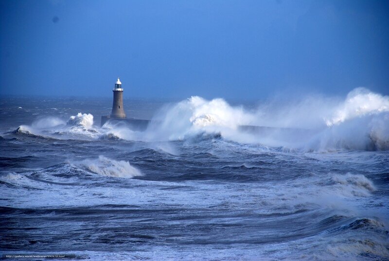 Lighthouse in Stormy Sea — Blue, Dramatic, Photograph, Waves, Sky