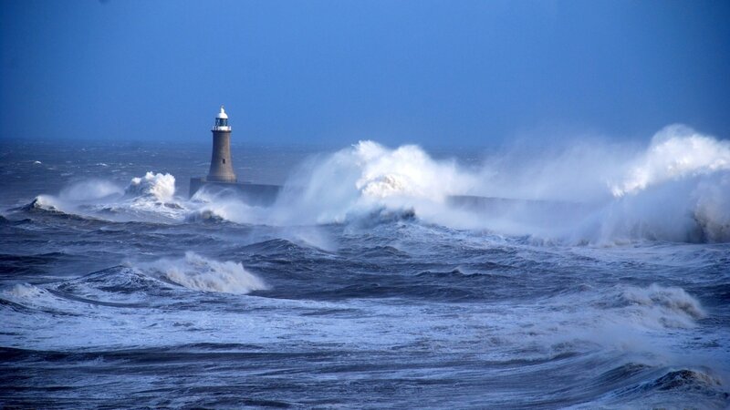 Lighthouse in Stormy Sea — Blue, Dramatic, Photograph, Waves, Sky, White