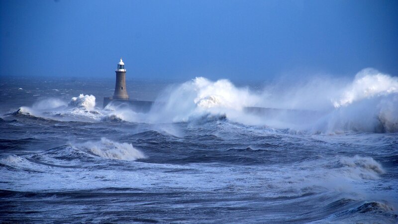 Lighthouse in Stormy Sea — Blue, Dramatic, Photograph, Waves