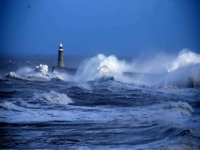 Lighthouse in Stormy Sea — Blue, Dramatic