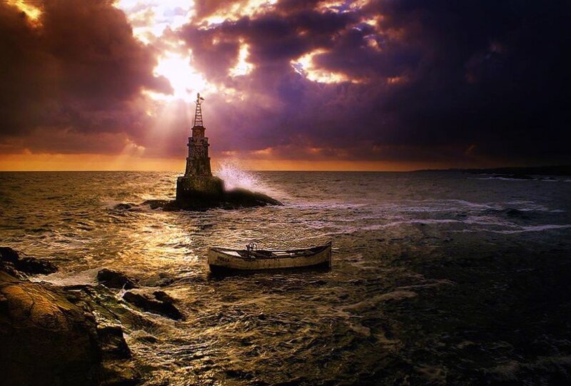 Lighthouse in Stormy Sea — Purple