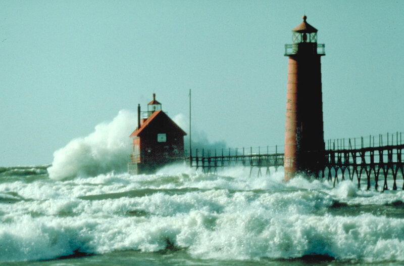 Lighthouse in Stormy Waves — Blue, Dramatic