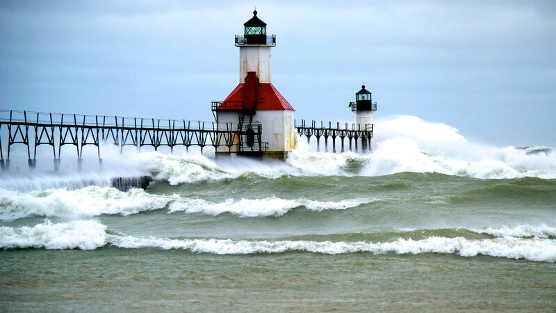 Lighthouse in Stormy Waves — Gray, Dramatic, Photograph