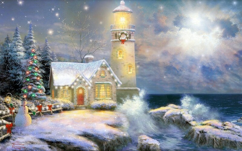 Lighthouse in Winter — Blue, Festive, Night