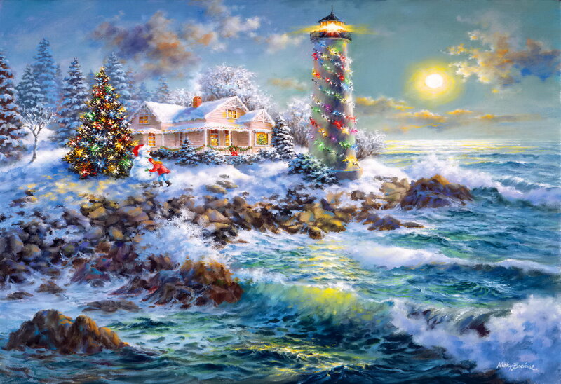 Lighthouse in Winter — Blue, Festive, Painting, House