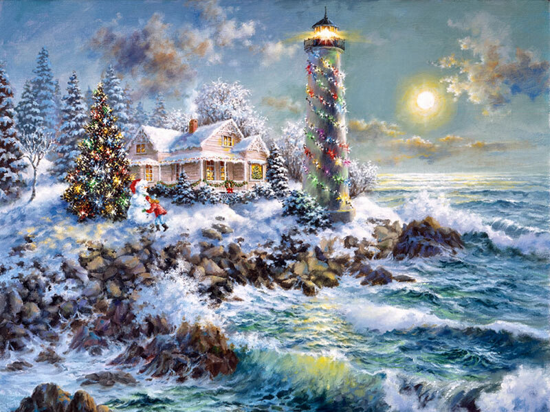 Lighthouse in Winter — Blue, Festive, Painting
