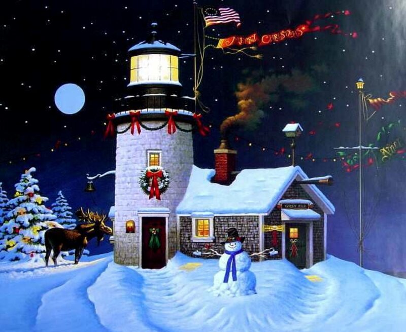 Lighthouse in Winter — Blue, Festive