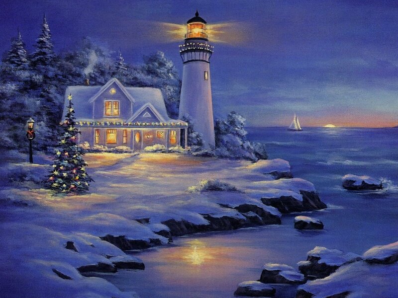 Lighthouse in Winter — Blue, Serene, Night, Painting, House, Christmas Tree