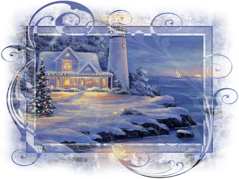 Lighthouse in Winter — Blue, Serene, Night, Painting, House
