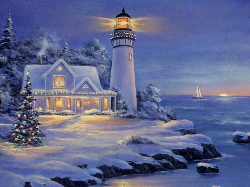 Lighthouse in Winter — Blue, Serene, Night, Painting