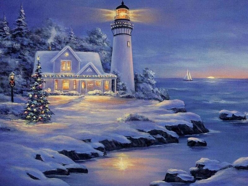 Lighthouse in Winter — Blue, Serene, Night