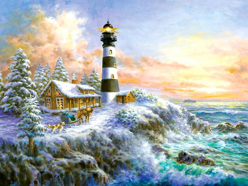 Lighthouse in Winter — Blue, Serene, Painting, Cabin