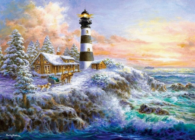 Lighthouse in Winter — Blue, Serene, Painting