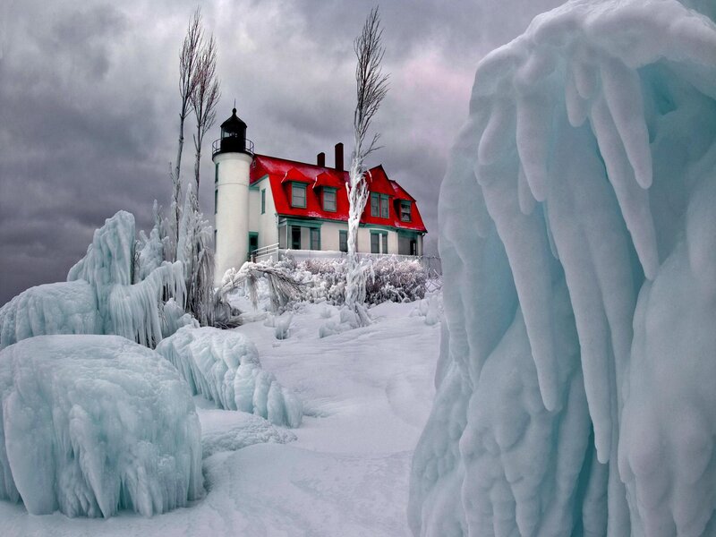 Lighthouse in Winter — White, Dramatic, Photograph