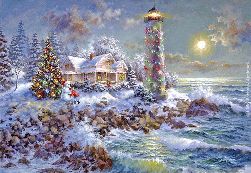 Lighthouse in Winter — White, Festive