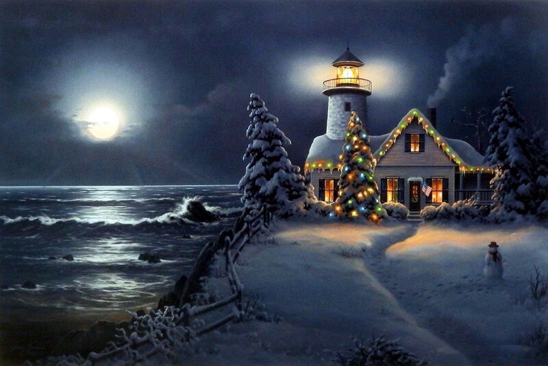 Lighthouse in Winter — White, Serene, Night, Digital Art