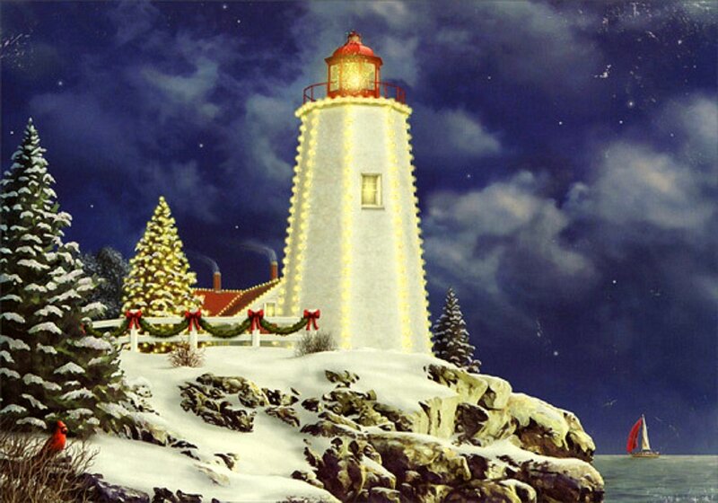 Lighthouse in Winter — White, Serene, Night, Painting