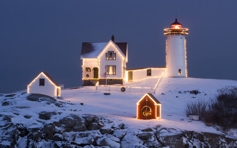 Lighthouse in Winter — White, Serene, Night, Photograph, Snow