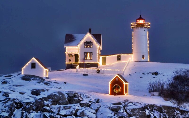 Lighthouse in Winter — White, Serene, Night