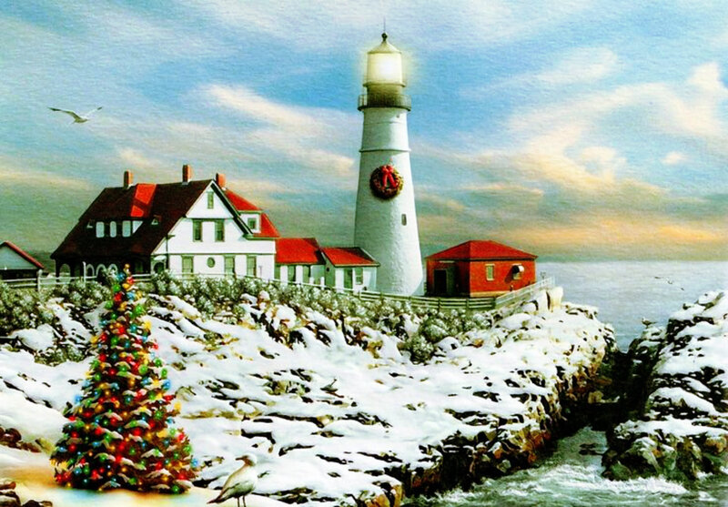 Lighthouse in Winter — White, Serene, Painting