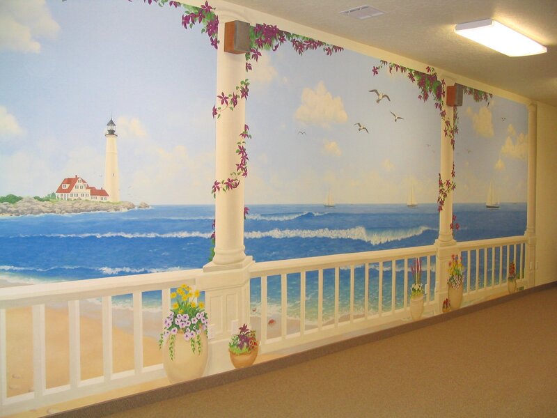 lighthouse mural on wall