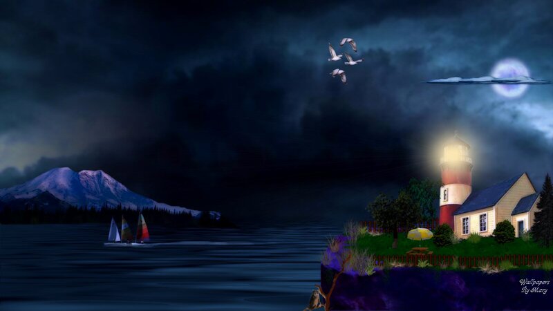 Lighthouse on a Cliff — Blue, Dramatic, Night