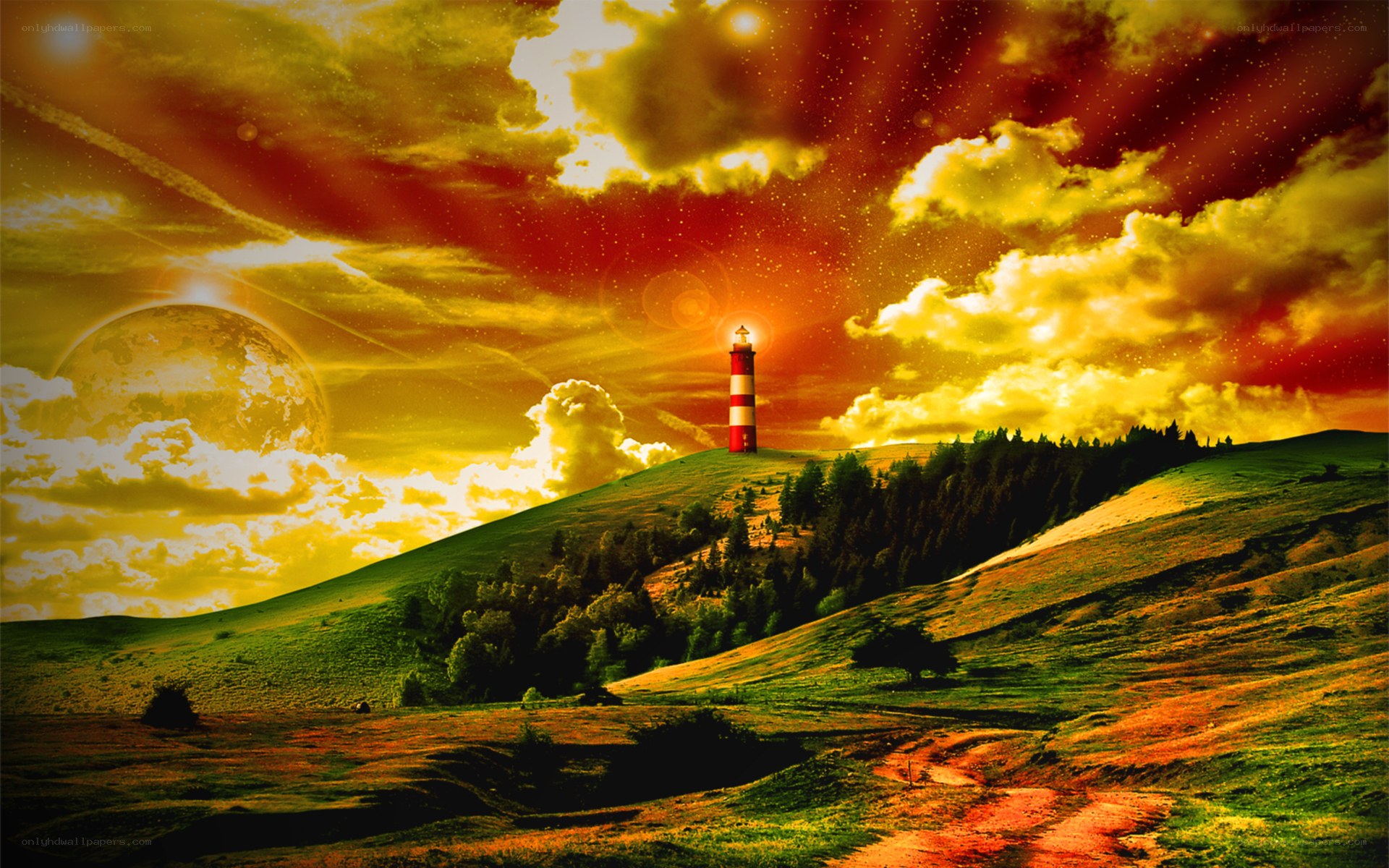 Lighthouse on a hill at sunset