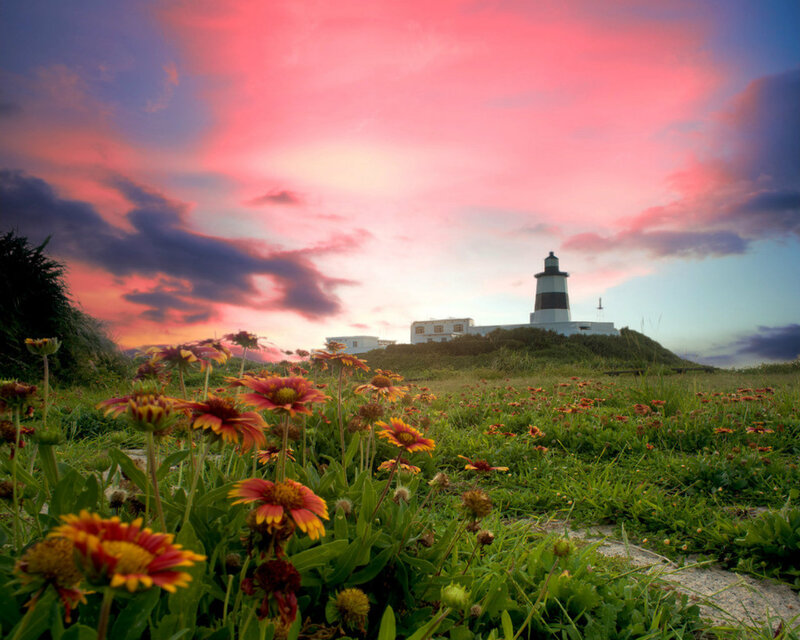 Lighthouse on a Hill — Pink, Dramatic, Sunset, Photograph, Flowers