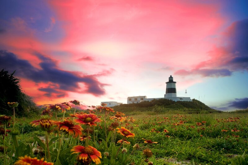 Lighthouse on a Hill — Pink, Dramatic, Sunset, Photograph