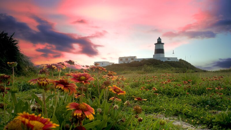 Lighthouse on a Hill — Pink, Dramatic, Sunset