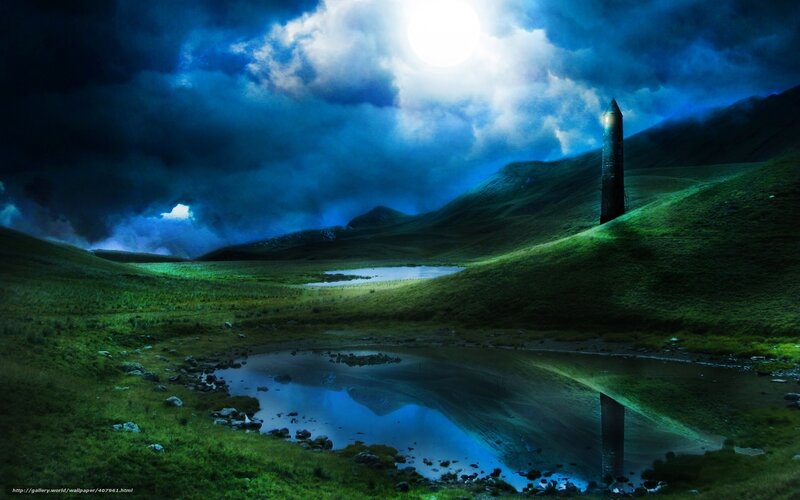 Lighthouse on a moonlit hill