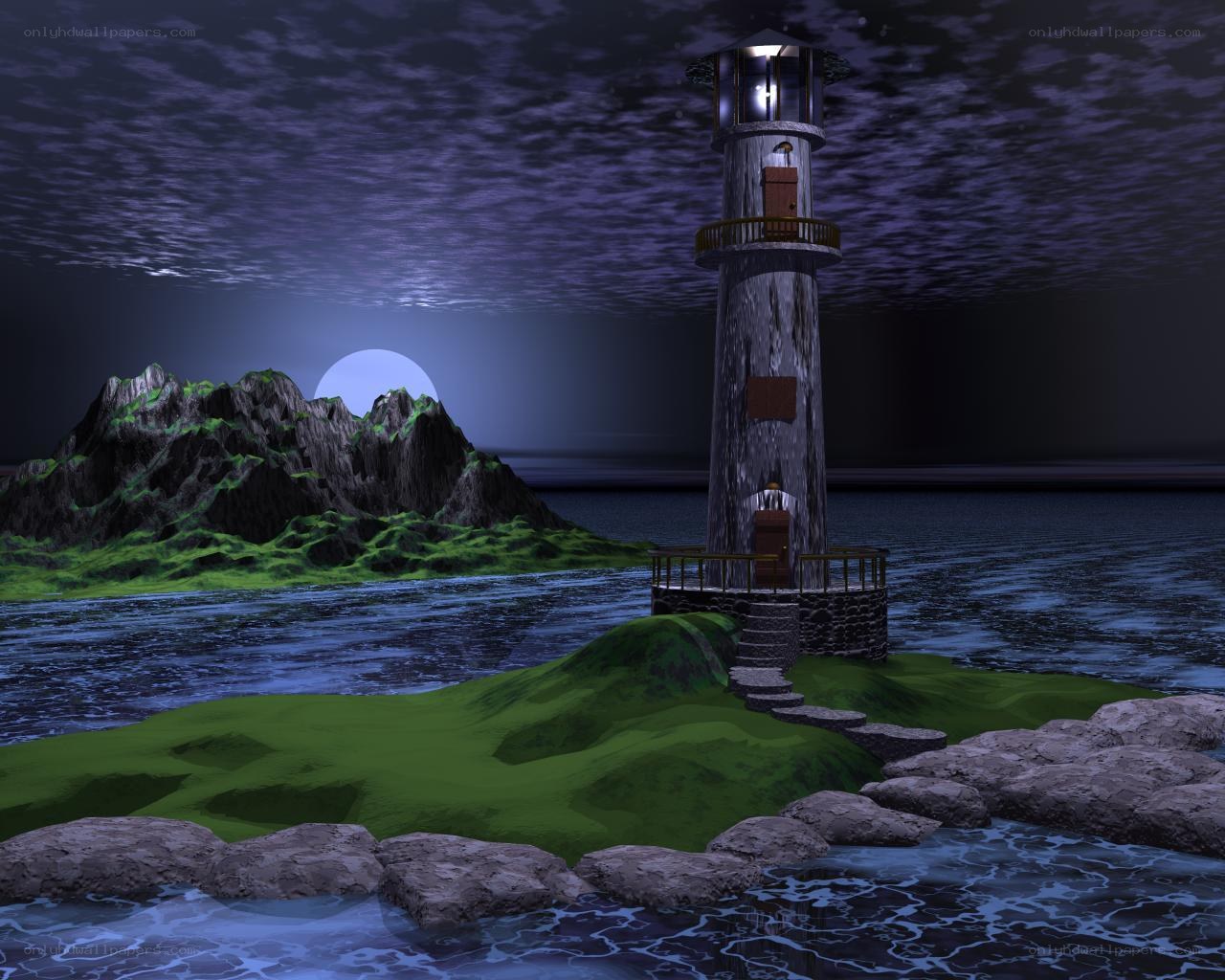 Lighthouse on a moonlit island