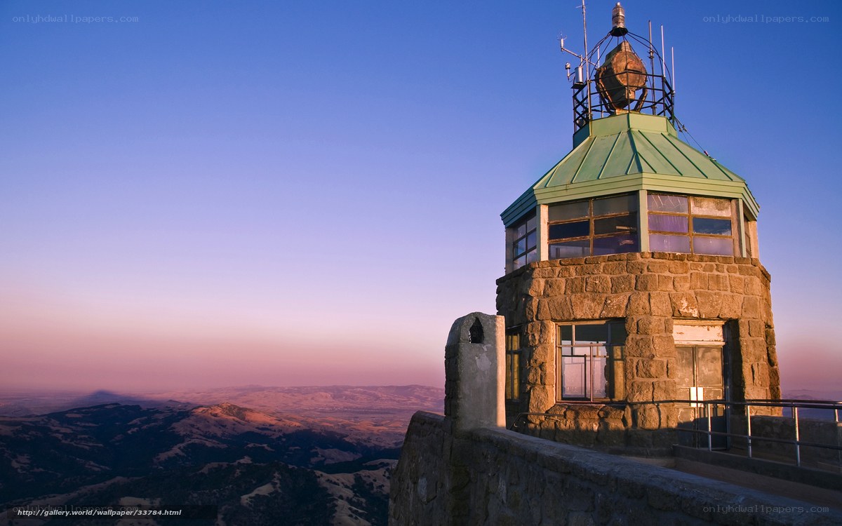 Lighthouse on a mountain at sunset