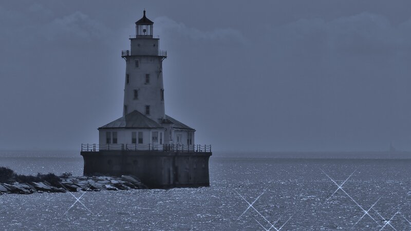 Lighthouse on a Pier — Blue, Dramatic, Night