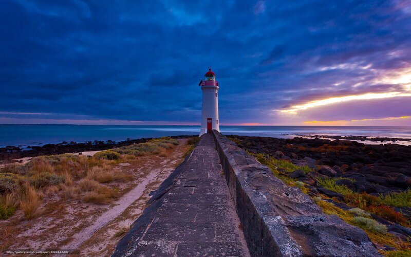 Lighthouse on a Pier — Blue, Dramatic, Sunset, Photograph, Ocean, Sky