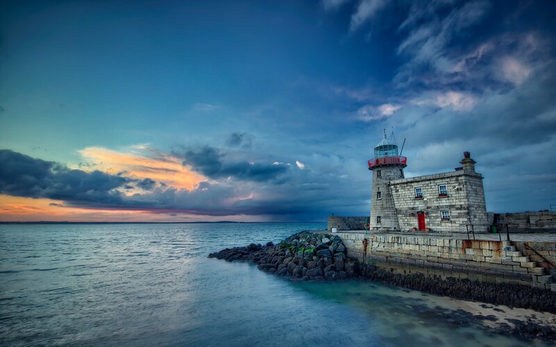 Lighthouse on a Pier — Blue, Dramatic, Sunset, Photograph, Ocean
