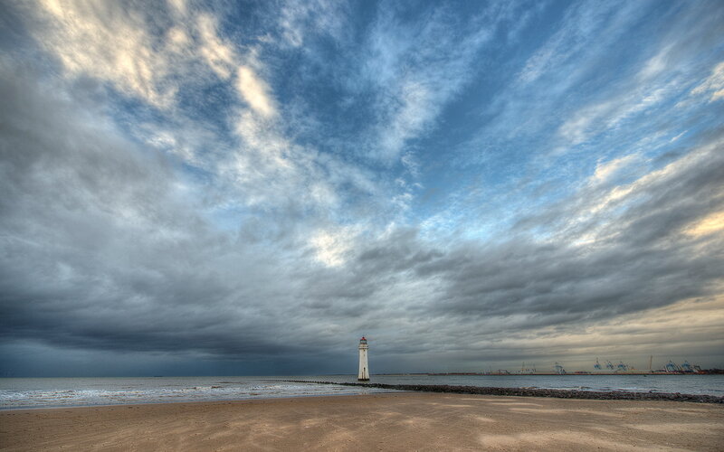 Lighthouse on Beach — Blue, Dramatic, Afternoon