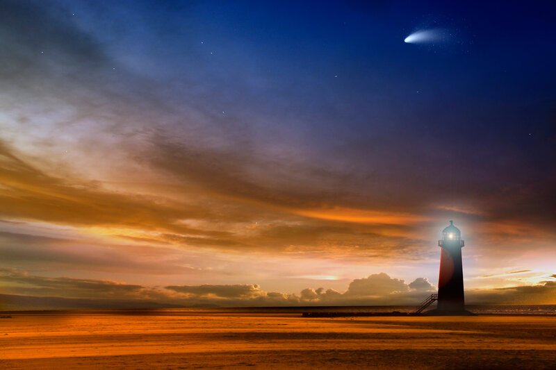 Lighthouse on Beach — Blue, Dramatic, Night