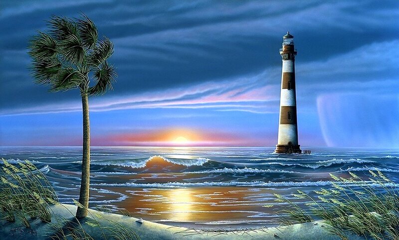 Lighthouse on Beach — Blue, Dramatic, Sunset, Painting