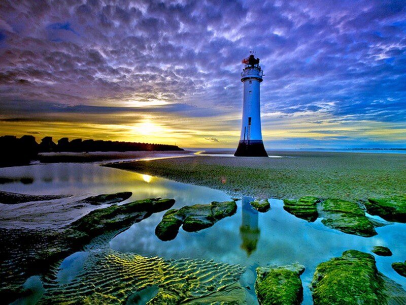 Lighthouse on Beach — Blue, Dramatic, Sunset, Photograph, Sky